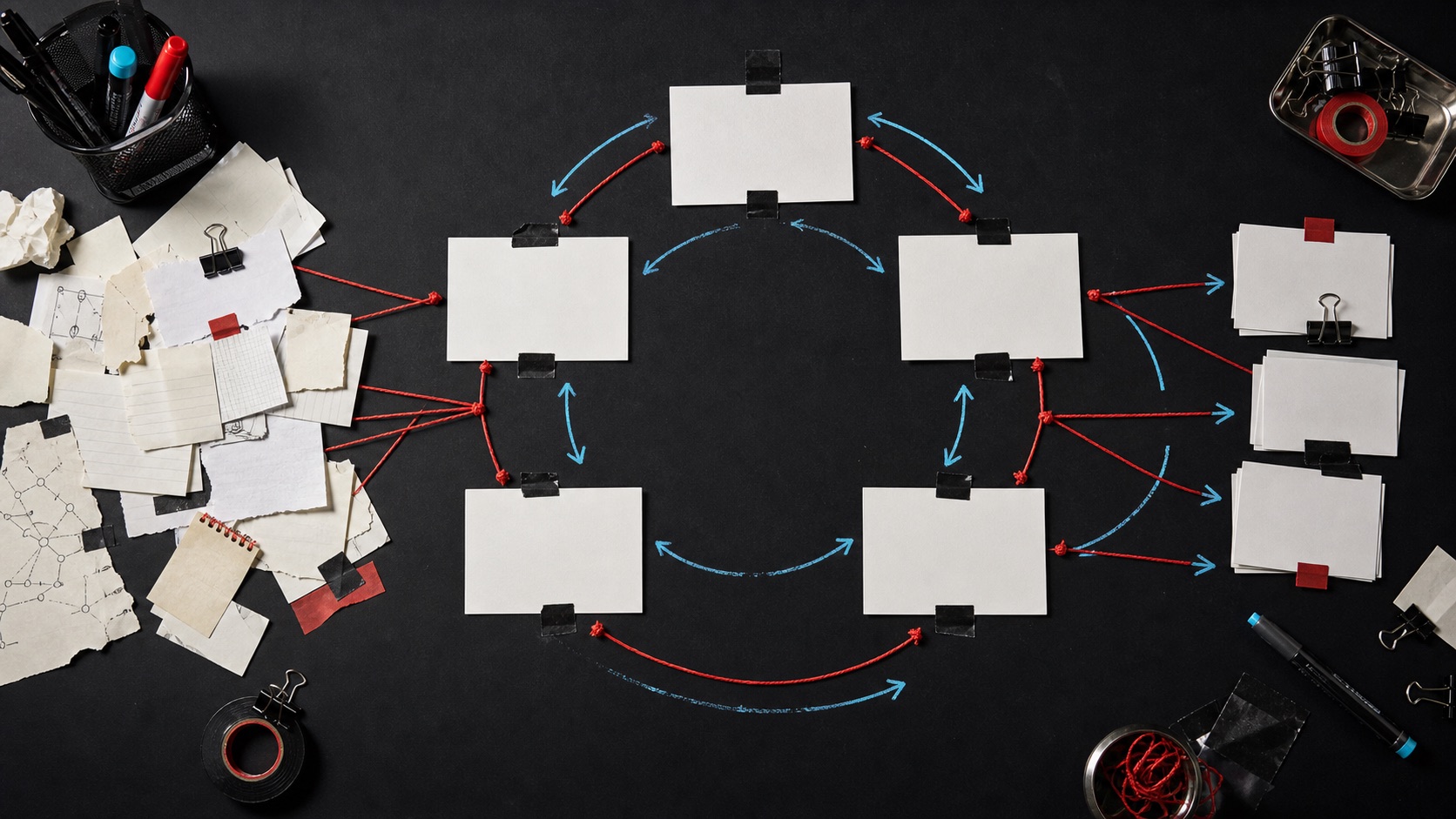 Overhead view of blank cards arranged in a loop with red string and cyan marker arrows.
