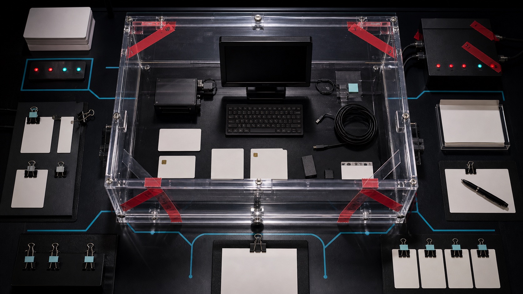 Overhead view of a clear acrylic sandbox containing a small terminal setup and blank decoy cards.