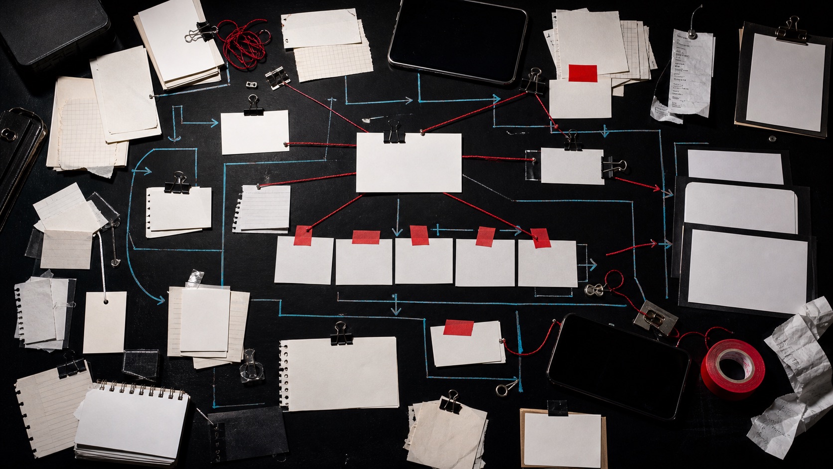 Overhead workbench with blank cards, red string, cyan marker paths, and clipped project artifacts.